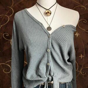 ✨ Cozy Grey Waffle Knit Tie Front Long Sleeve Top ✨